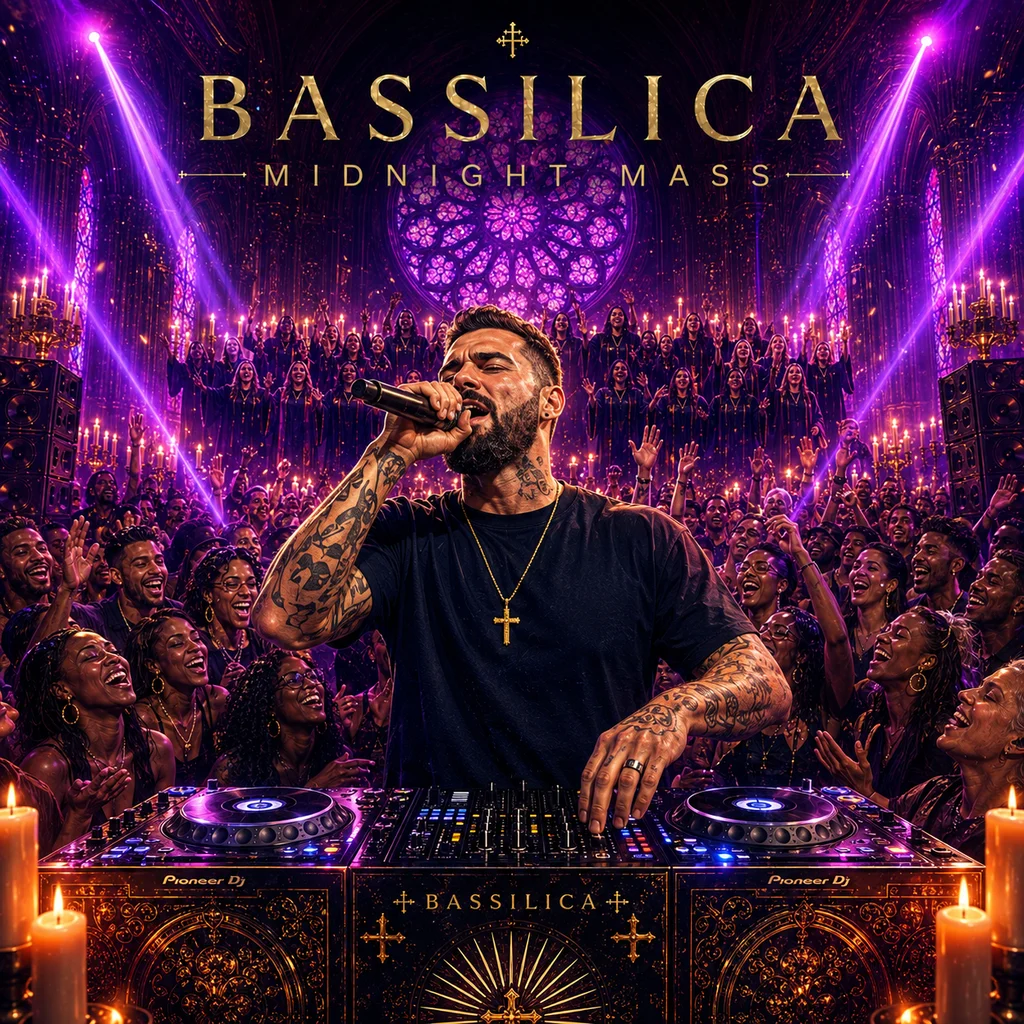 Bassilica Midnight Mass album artwork featuring the baritone lead vocalist at DJ decks inside a violet-lit cathedral with a gospel choir.