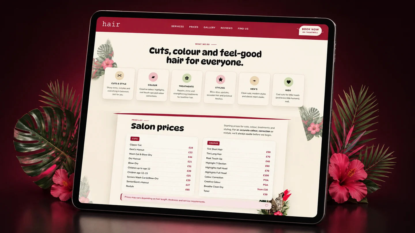 Hair Brighton services and prices artwork showing clear service cards and salon price-list information on a tablet screen.