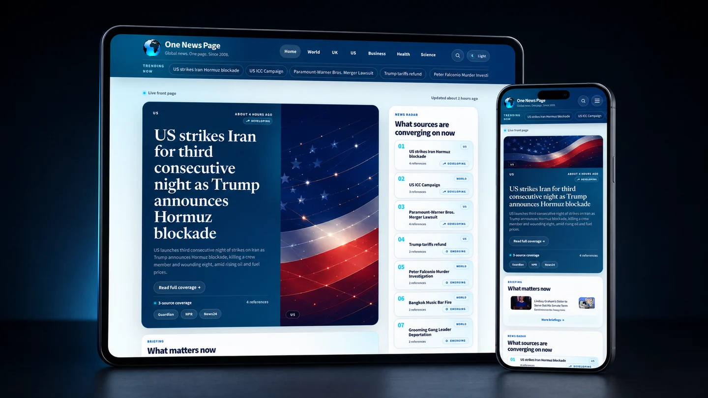 One News Page live front page displayed on a tablet beside a smartphone in a restrained dark studio presentation.