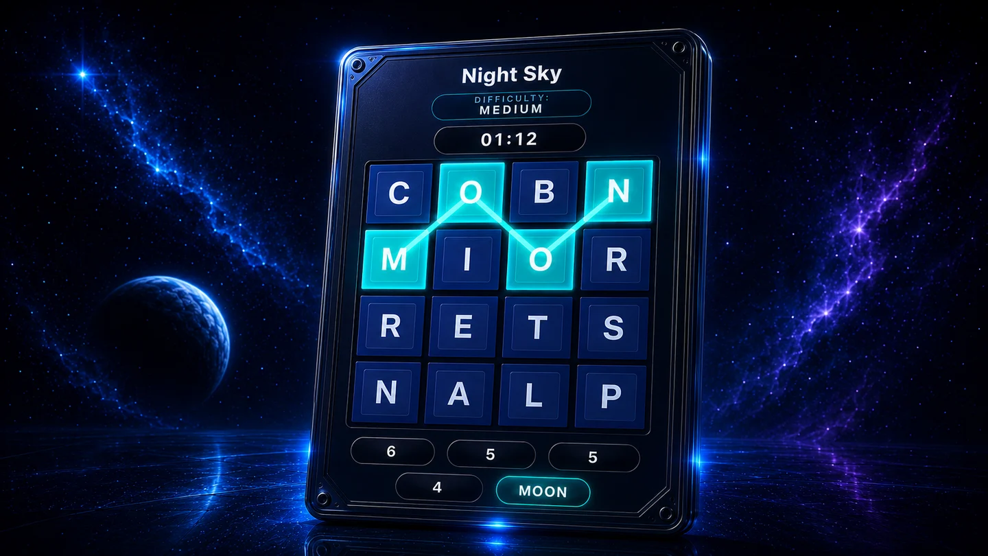 Poster-style Word Grid 3D daily puzzle gameplay artwork showing the 4×4 word grid, active trace, timer, and answer targets in a deep-space setting.
